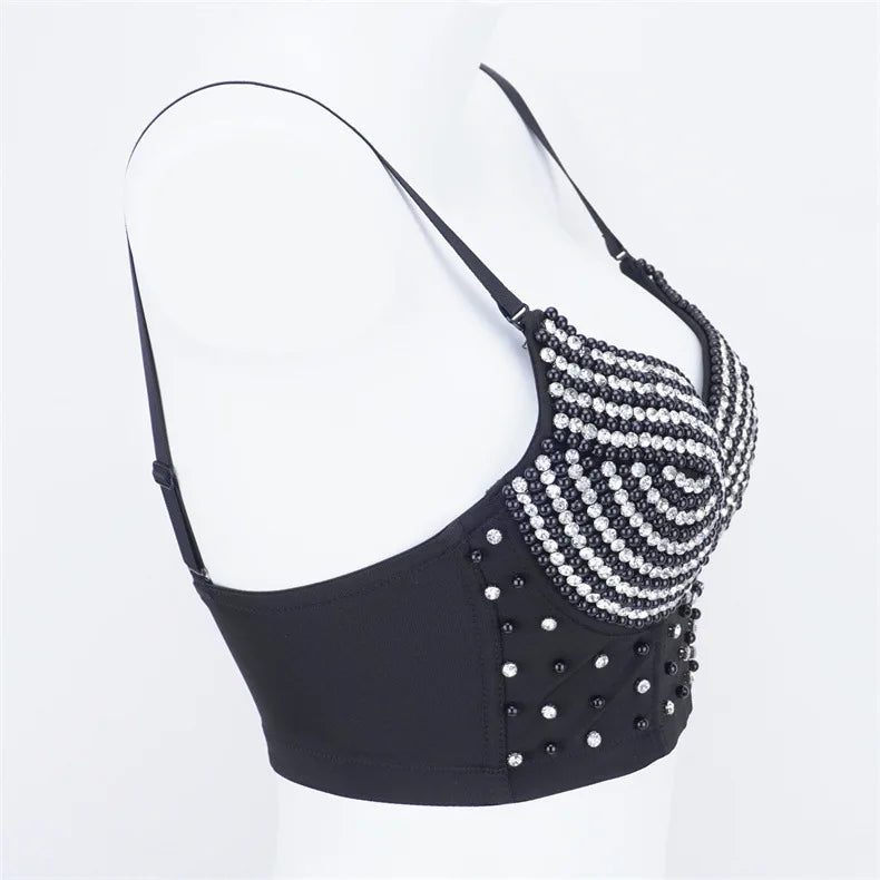 Rhinestone Beaded Bustier Corset Crop Top High Fashion Evening Party Bralette