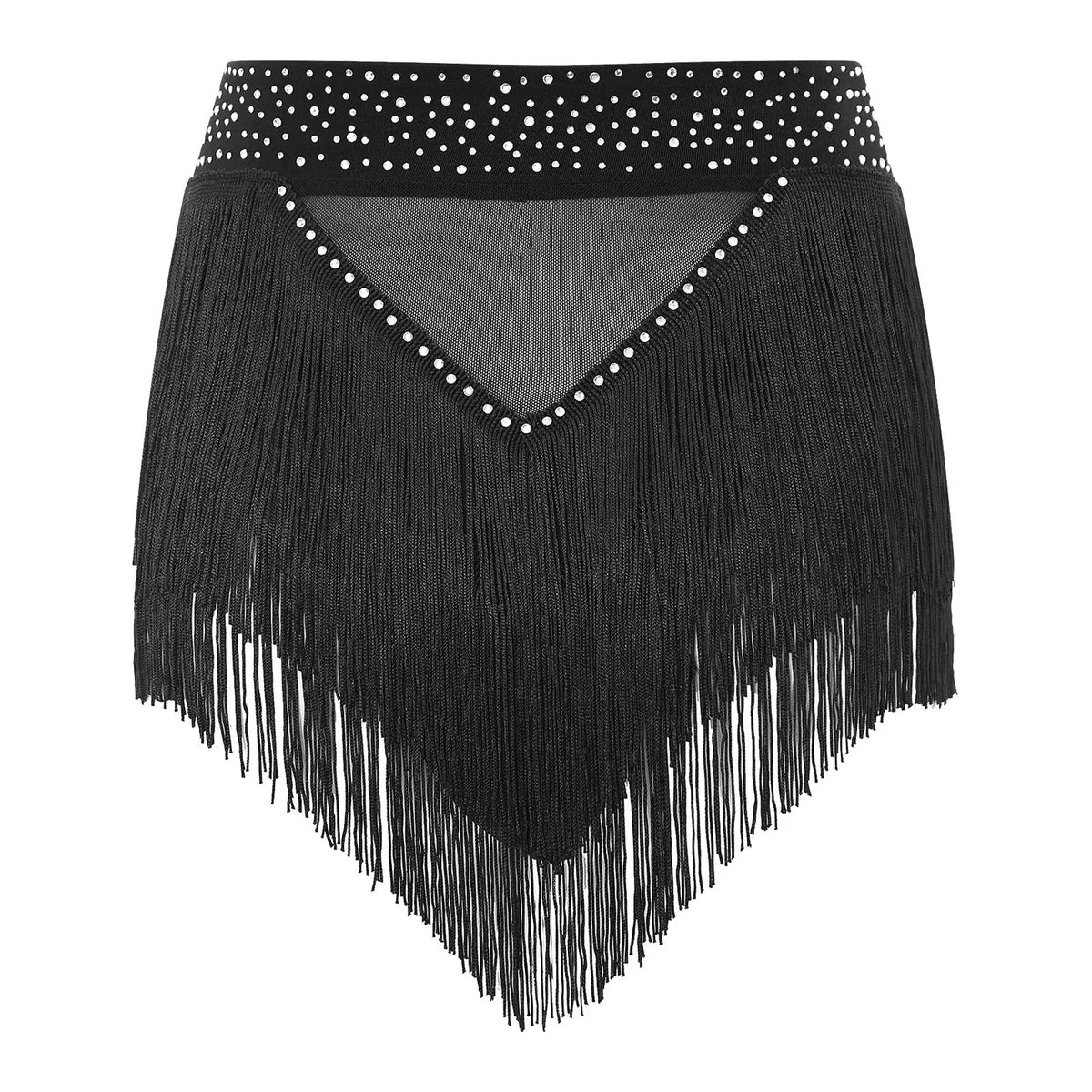 Rhinestone Tassel High-Waist Dance Shorts & Sheer Mesh Fringe Skirt