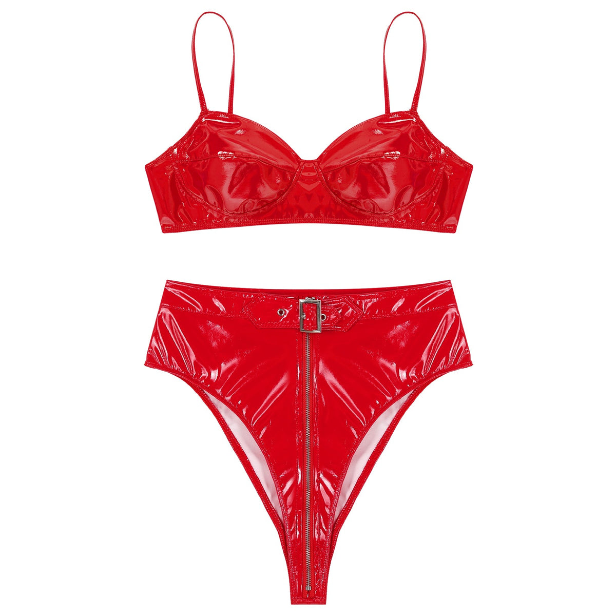 Womens Wet Look PVC Leather Underwear Set Wire-free Unlined Bra Top with High Cut Briefs Party Club Pole Dancing Clubwear