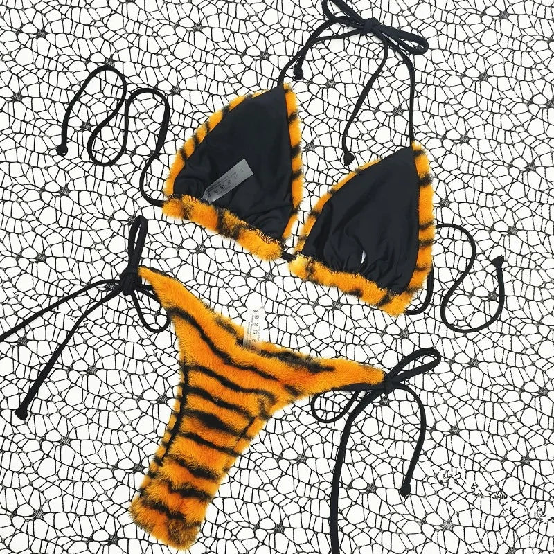 The Stardust Wildcat Knit Bikini – Retro Tiger Print Showgirl Set