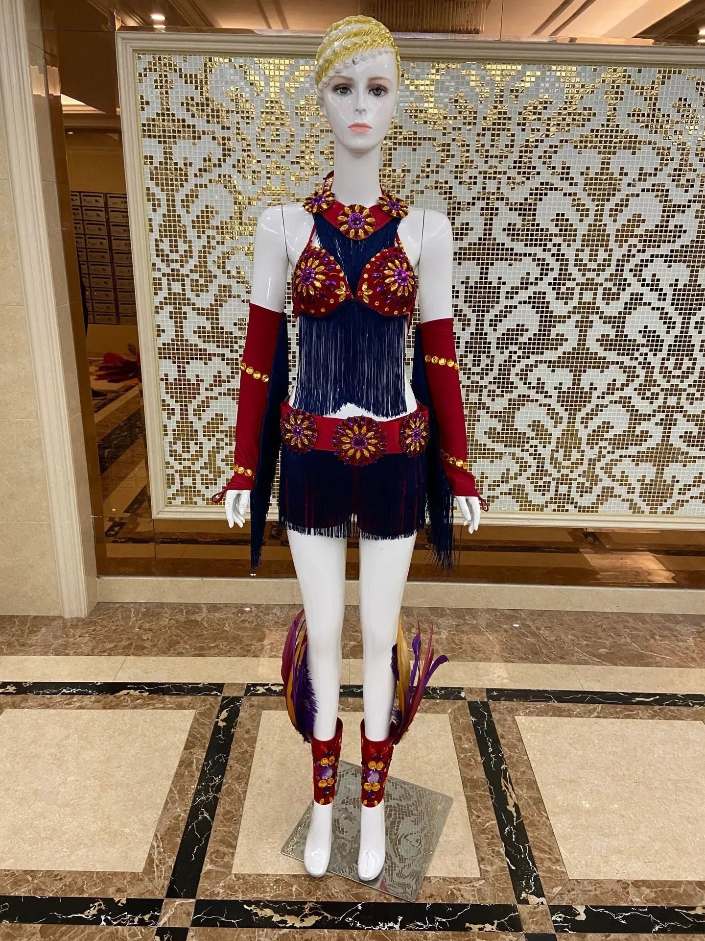 Regal Feathered Backpiece and Rhinestone Costume Set
