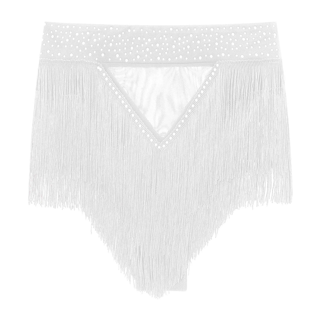 Rhinestone Tassel High-Waist Dance Shorts & Sheer Mesh Fringe Skirt