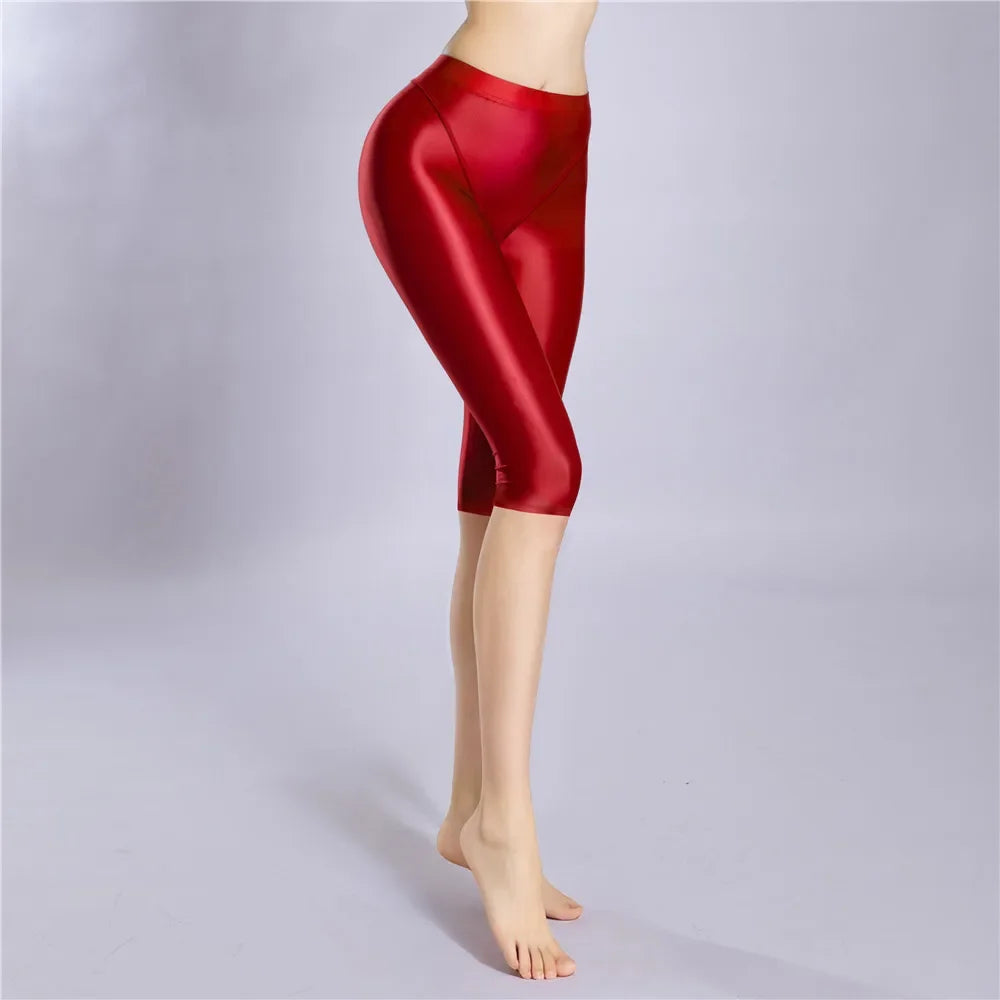 Women's Oil Glossy Sheer High-Waist Shaping Shorts Satin Smooth Leggings