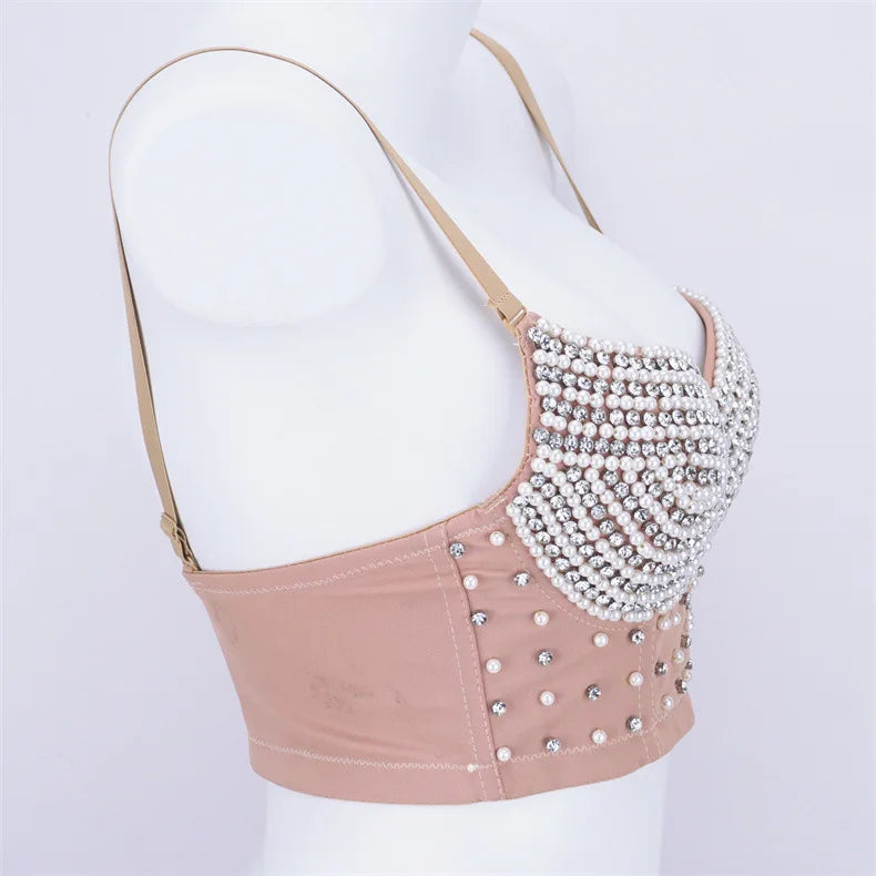 Rhinestone Beaded Bustier Corset Crop Top High Fashion Evening Party Bralette