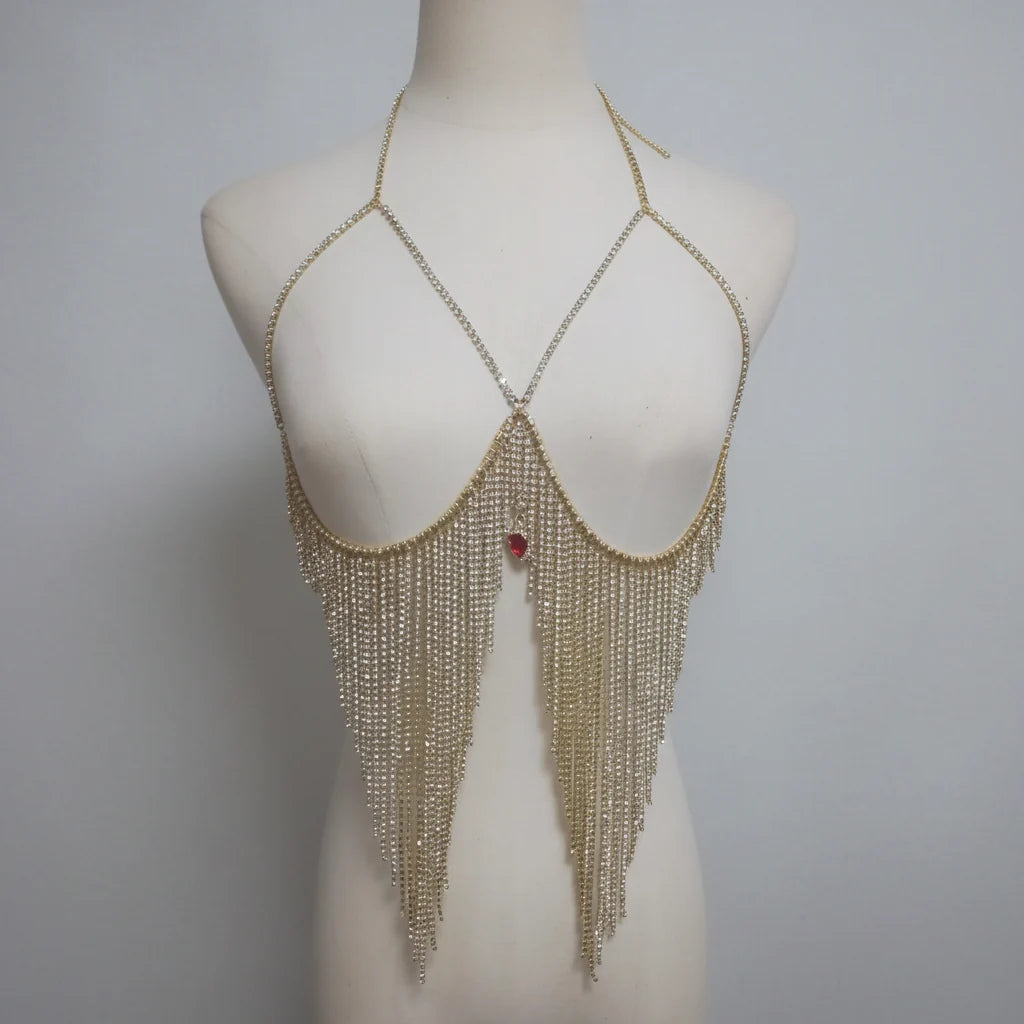 Dazzling Crystal Tassel Bikini Bra Chain & Love Pendant Chest Jewelry