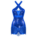 Sequined Fringe Cross-Front Latin Dance Leotard Costume Dress