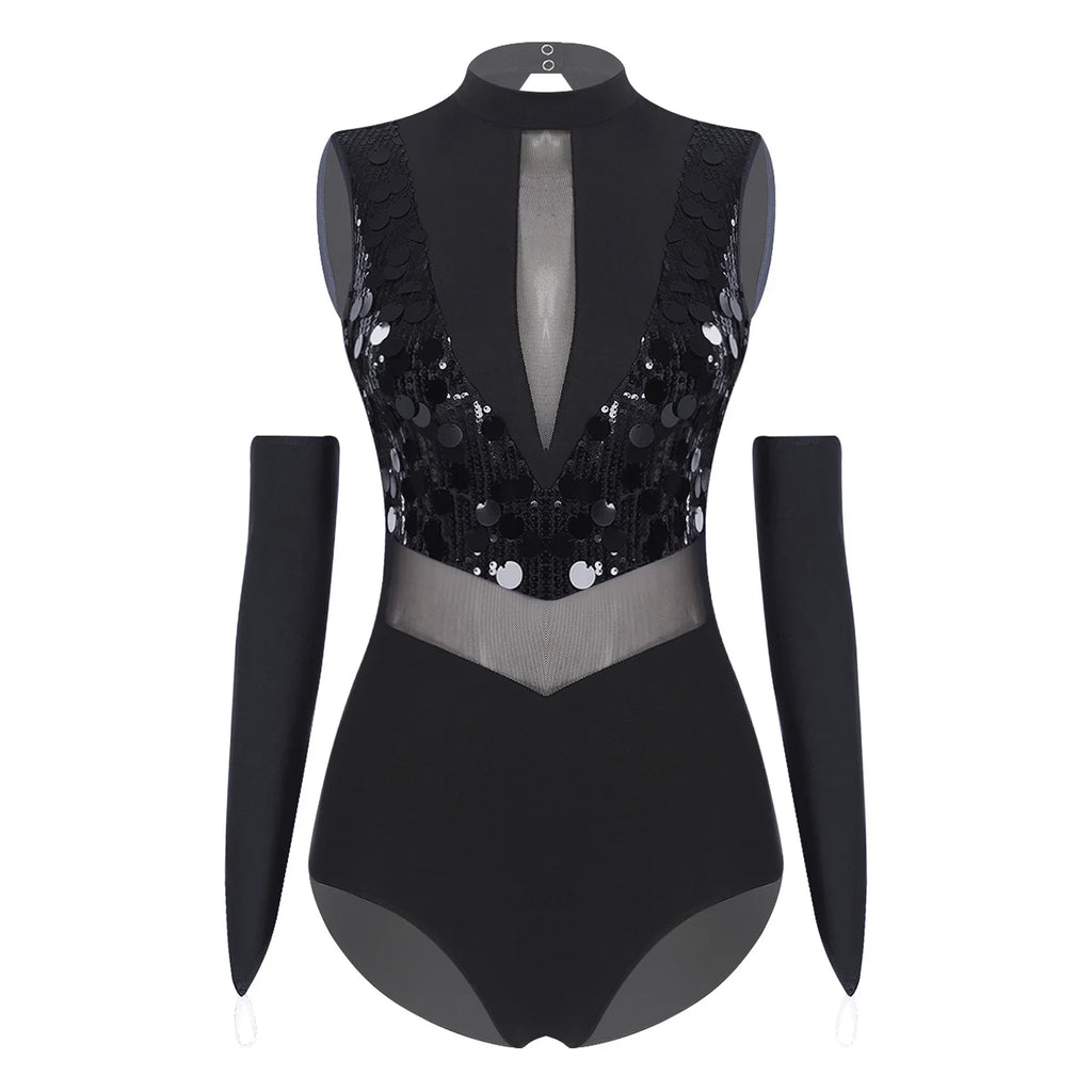 Sparkly Sequin Mock Neck Dance Leotard & Gloves Two-Piece Bodysuit Set