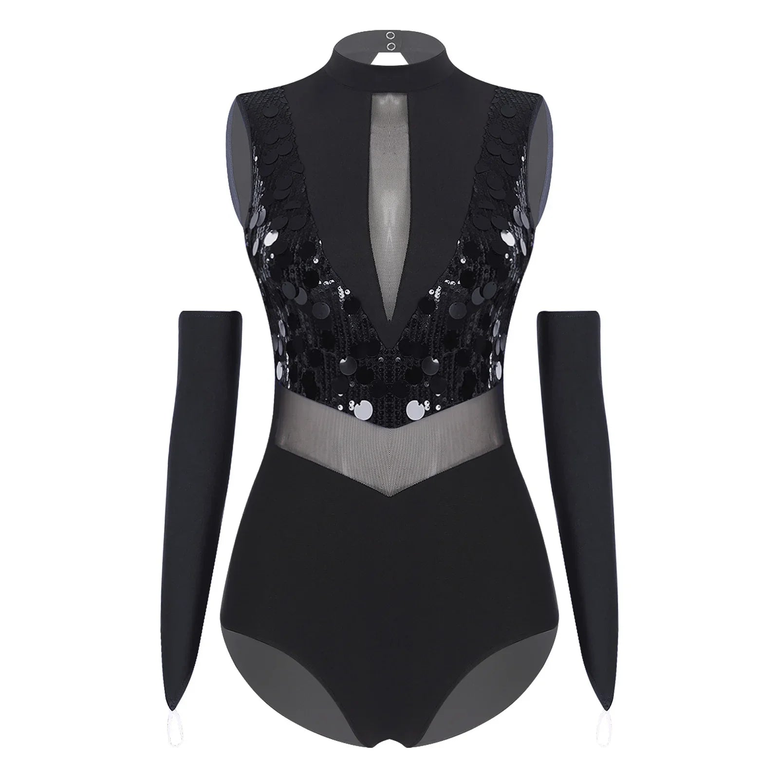 Sparkly Sequin Mock Neck Dance Leotard & Gloves Two-Piece Bodysuit Set