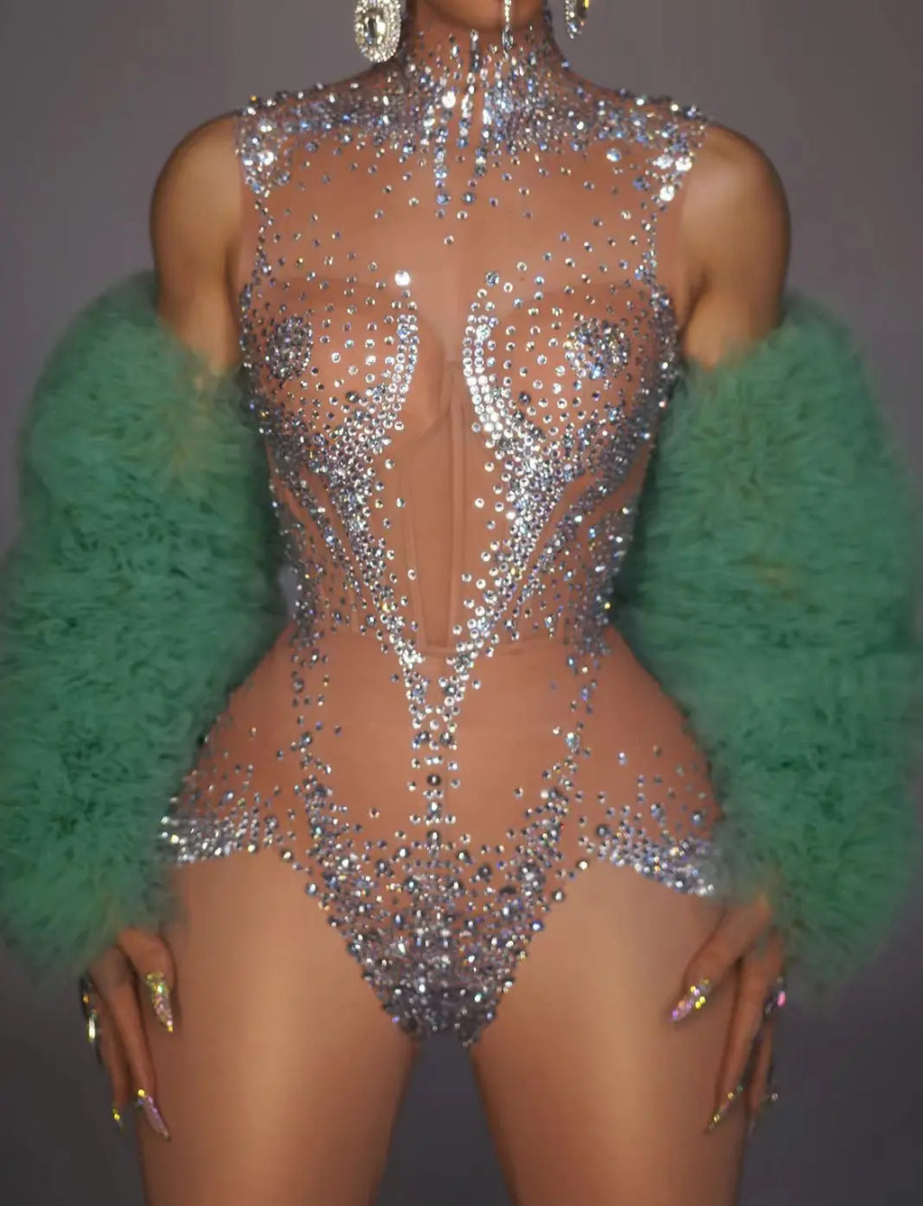 Crystal Mesh See-Through Pole Dance Leotard & Rhinestone Bodysuit Romper