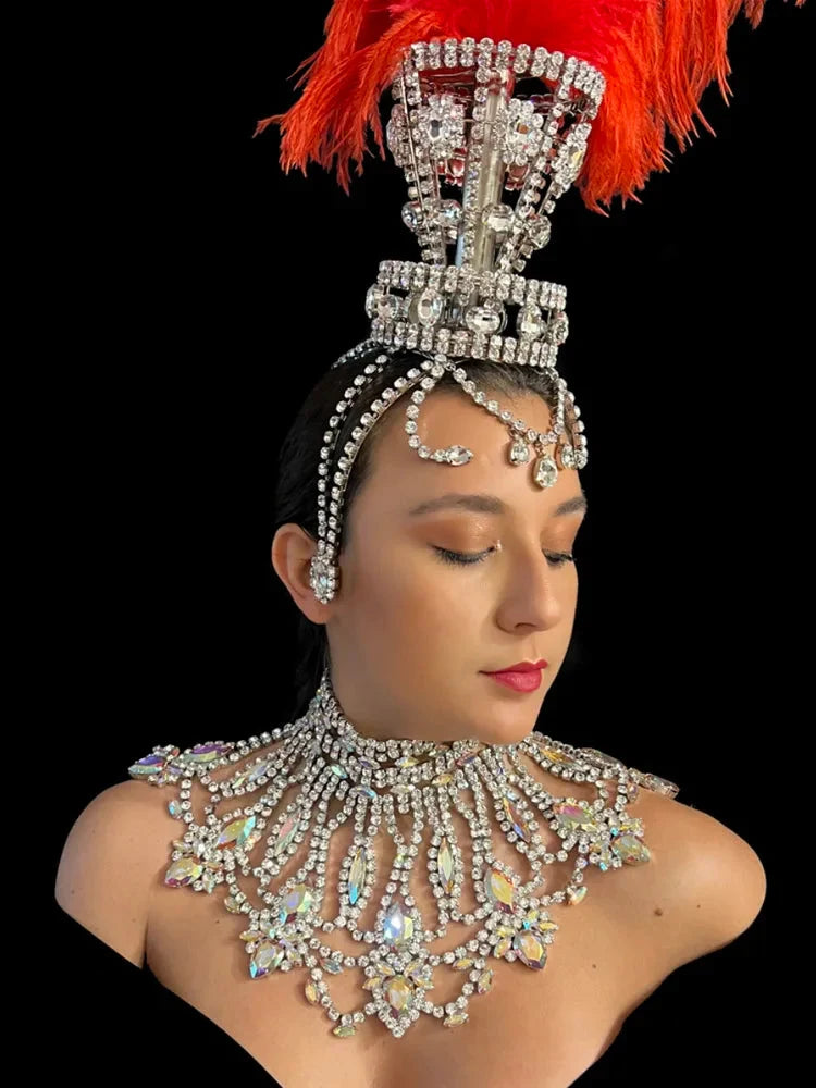 Crystal Rhinestone Ostrich Feather Headdress & Necklace Set