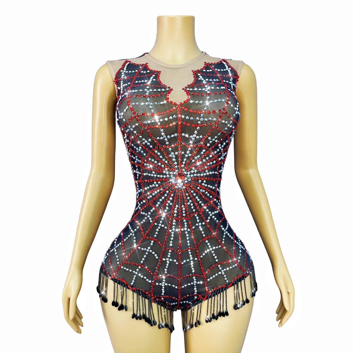 Spiderweb Rhinestone High-Cut Stage Bodysuit Halloween Dance Performance Leotard