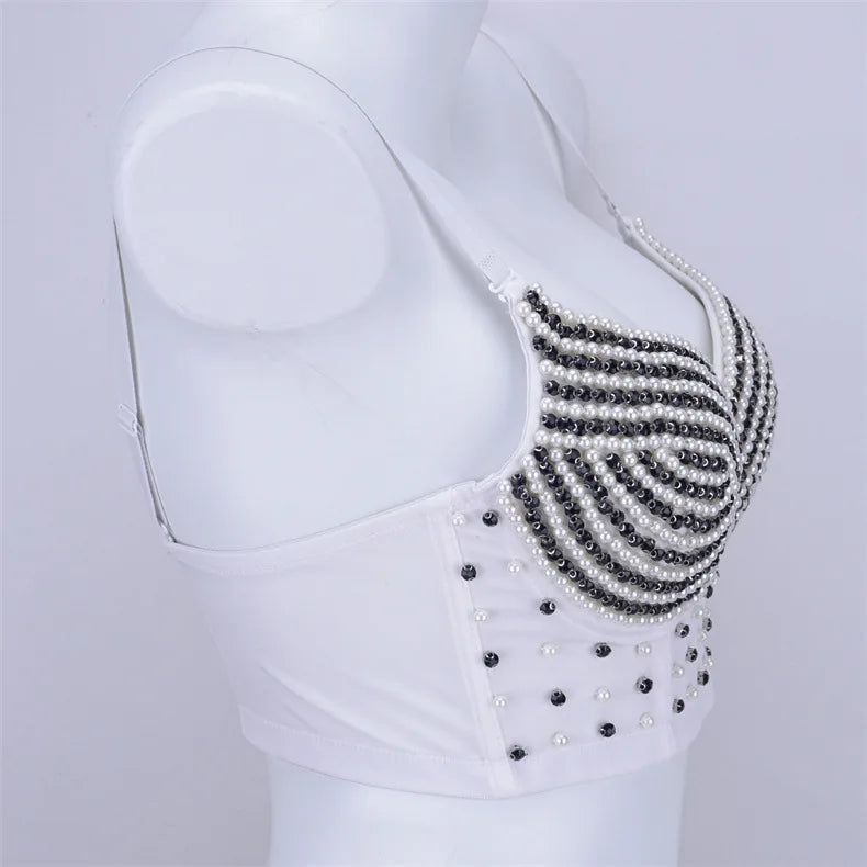 Rhinestone Beaded Bustier Corset Crop Top High Fashion Evening Party Bralette