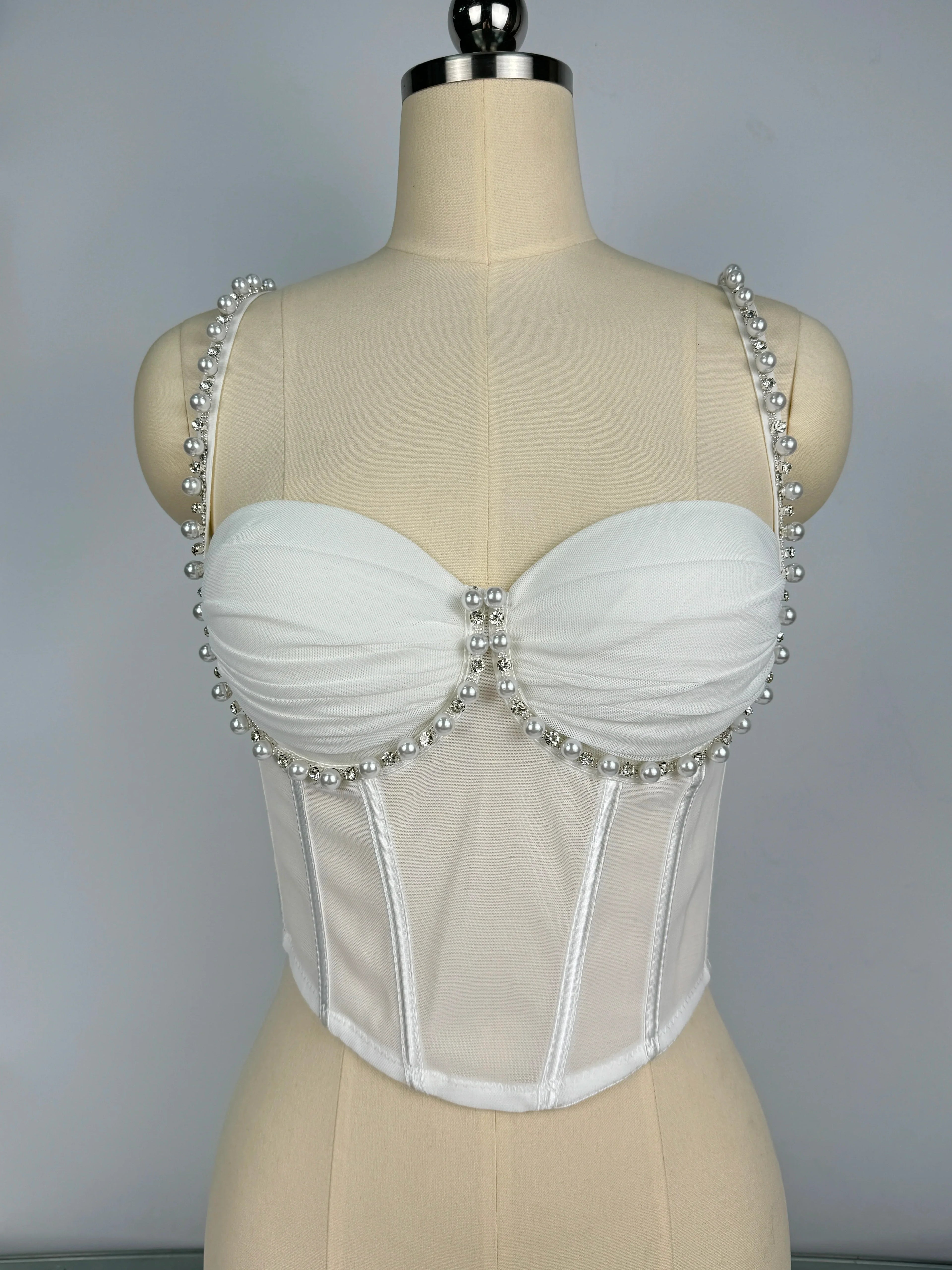 Pearl & Rhinestone Embroidered Bustier Corset Crop Top High Street Bralette