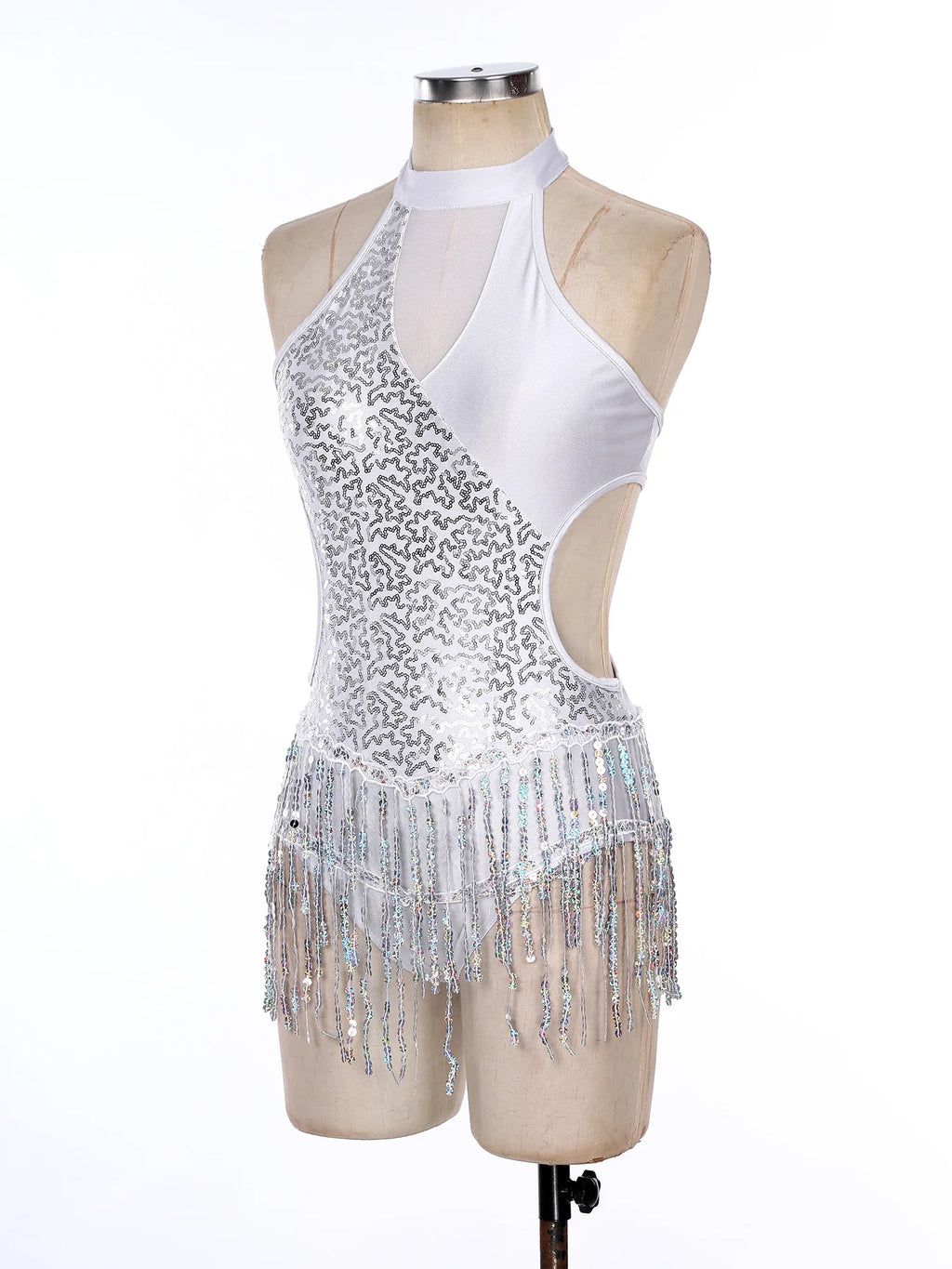 Sequined Fringe Latin Dance & Figure Skating Jumpsuit Leotard Set with Mesh Gloves