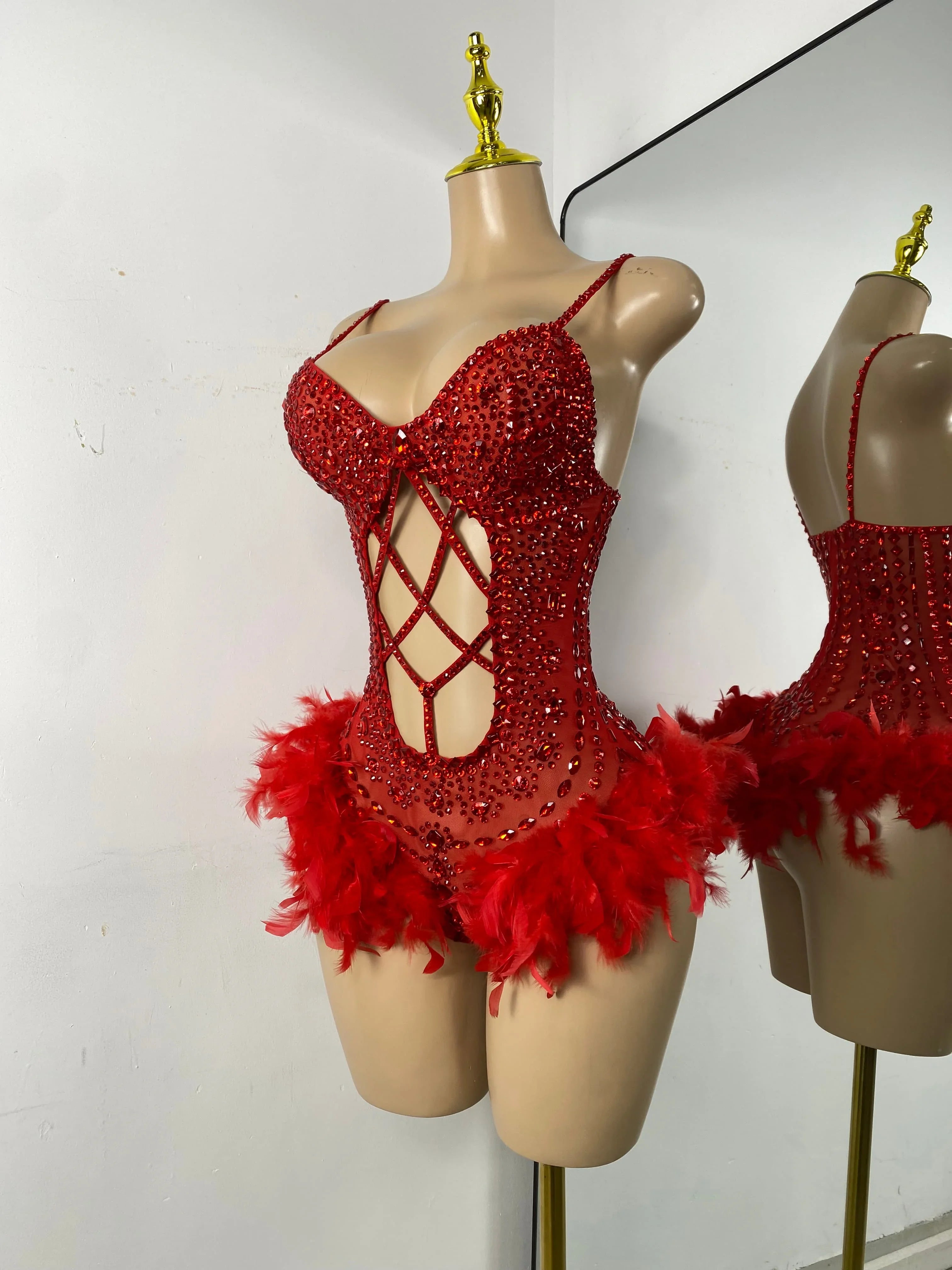 The Stardust Follies Feather Bodysuit – Luxury Rhinestone & Mesh Showgirl Costume