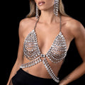 Exaggerated Layered Crystal Body Chain Set – Shimmering Rhinestone Bra Top & Fringe Skirt Set for Raves, Festivals & Exotic Clubwear