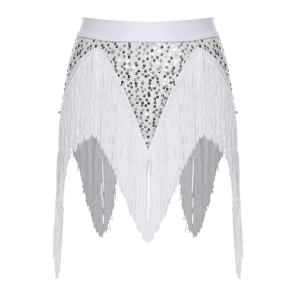 Glitter Sequin Fishnet Mesh Hip Scarf & Tassel Waist Wrap Belly Dance Skirt