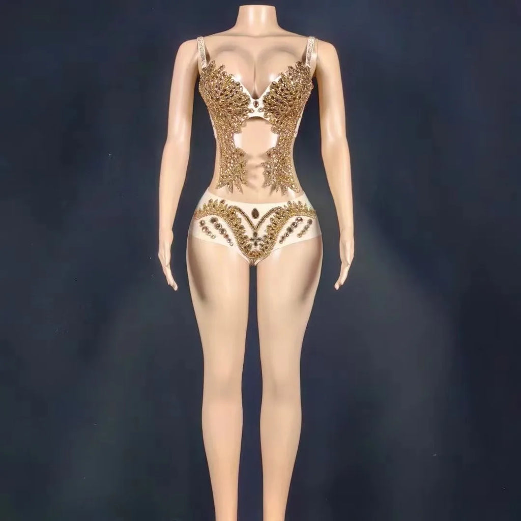 Sparkly Gold Rhinestone Two-Piece Bikini Bra & Shorts Set Stage Performance Costume