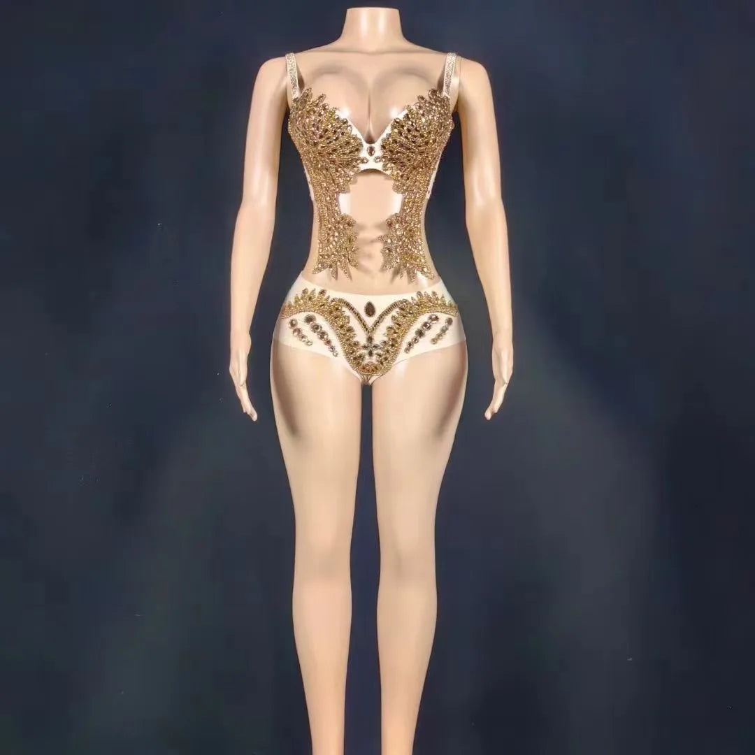 Sparkly Gold Rhinestone Two-Piece Bikini Bra & Shorts Set Stage Performance Costume