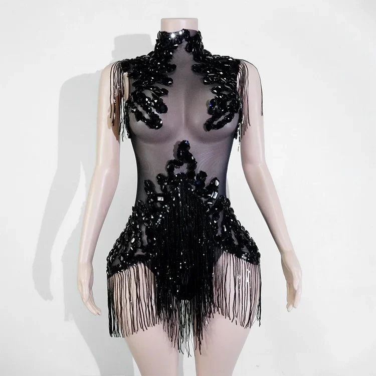 The Stardust Midnight Cabaret Bodysuit – Luxury Rhinestone & Mesh Showgirl Costume