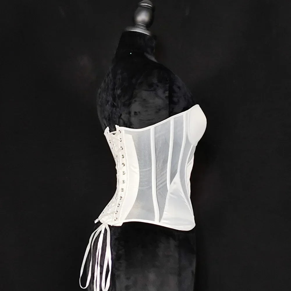 Strapless Breathable Mesh Corset Bustier Built-In Bra Boned Waist Cincher Top