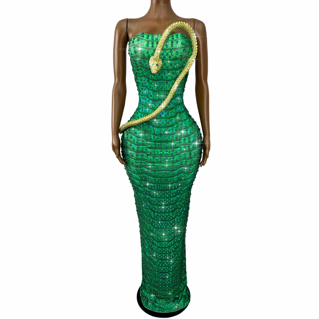Emerald Snake Rhinestone Illusion Strapless Gown Sculpted Serpent Floor-Length Evening Dress