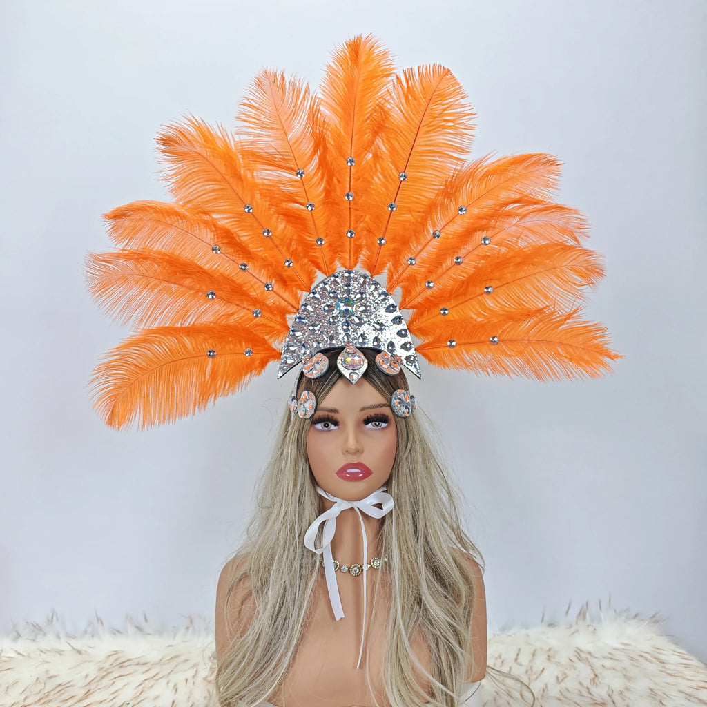Artisanal Ostrich Feather Showgirl Headdress & Carnival Hair Accessory