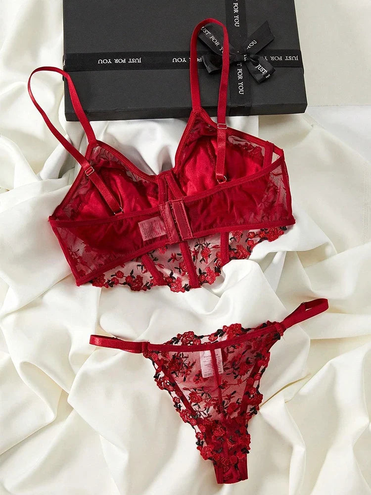 Floral Embroidery Lingerie Set Women Boho Erotic Lingerie Push Up Bra Panty Set Lace Underwear Valentine's Day Romantic Lingerie