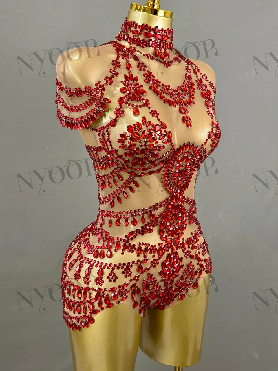 The Stardust Mirage Transparent Bodysuit – Luxury Rhinestone Mesh Stage Wear Leotard