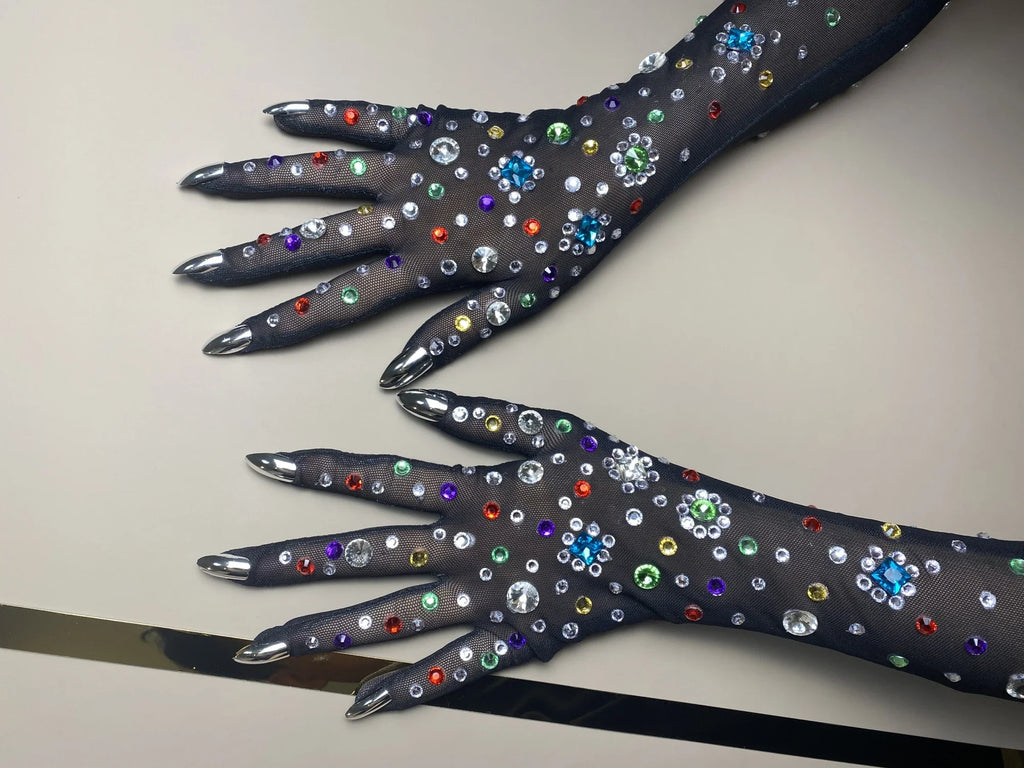 The Stardust Illusion Rhinestone Gloves – Luxury Crystal Mesh Opera Gloves