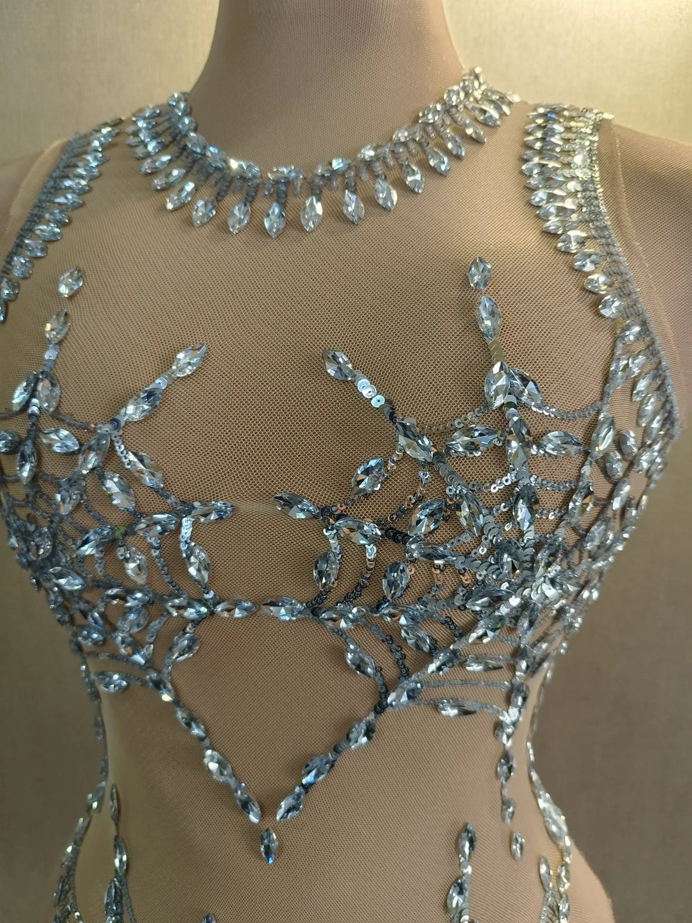 The Stardust Spider – Sexy Silver Sequins & Rhinestone Mesh Bodysuit