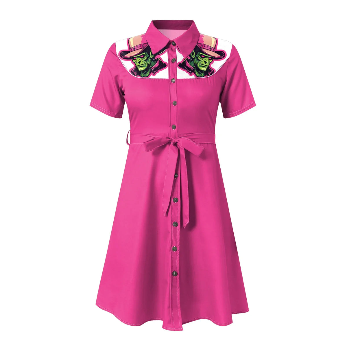 Western Cowgirl Printed Dress Halloween Cosplay Costume Summer Cowboy Button-Down Dress Short Sleeves 100% Cotton Sexy Dress