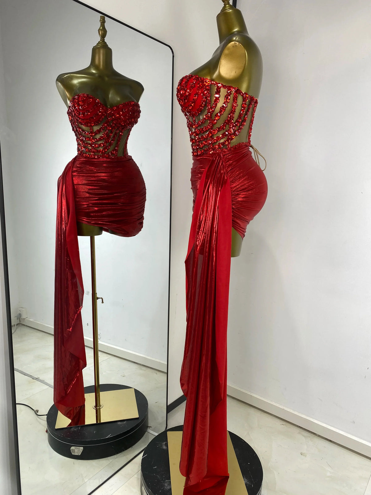 Rhinestone Tube Bustier Corset Top & Bronzing Mini Skirt 2-Piece Performance Set