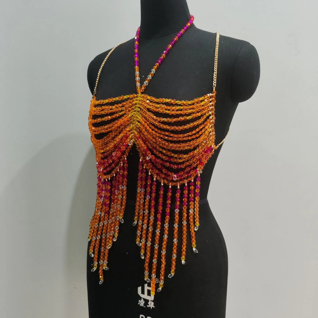 Handmade Multilayer Beaded Bra Chain & Vibrant Sunset Chest Harness