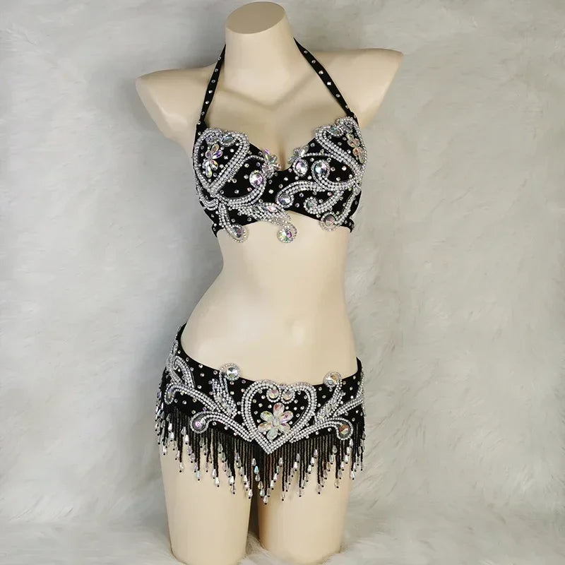 Dazzling Beaded Crystal Belly Dance Bra & Belt 2-Piece Costume Set