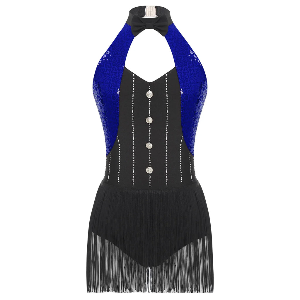 The Stardust Tuxedo Tassel Bodysuit – Luxury Sequins & Rhinestone Showgirl Leotard