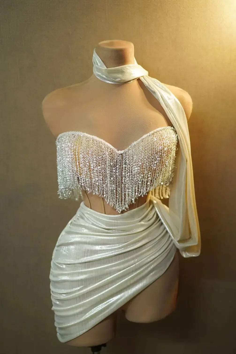 The Stardust Siren Draped Mini Dress – Luxury Rhinestone Mesh Stage Dress