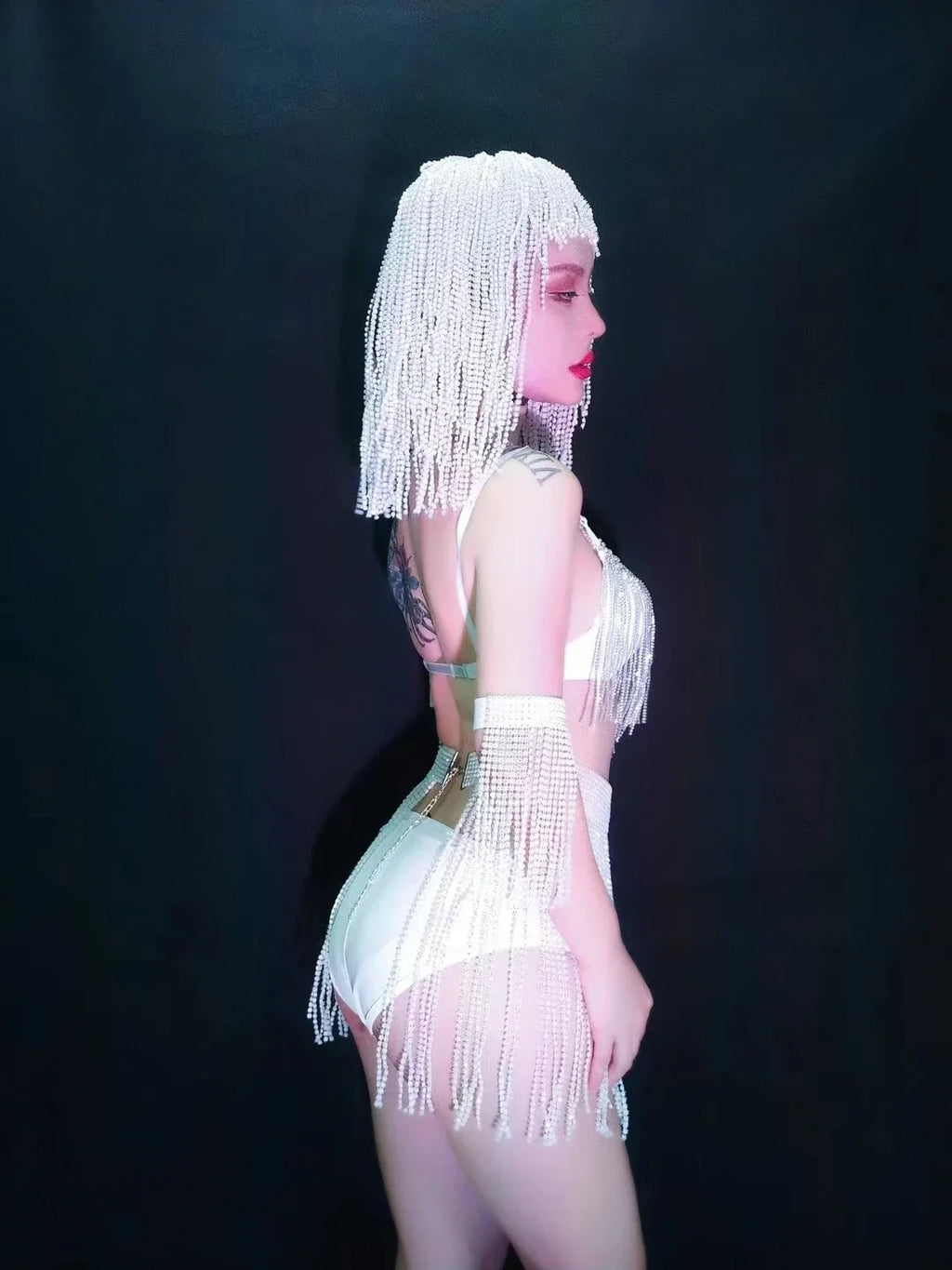 Luxury Crystal Tassel Bikini & Wig Performance Set – Premium Showgirl Stage Costume for GoGo Dancers, Nightclub DJs & Rave Outfits