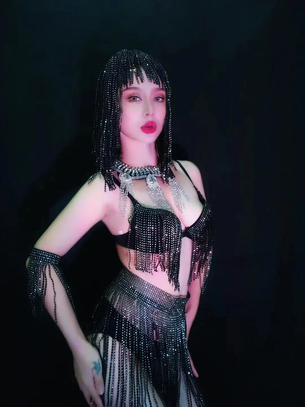 Luxury Crystal Tassel Bikini & Wig Performance Set – Premium Showgirl Stage Costume for GoGo Dancers, Nightclub DJs & Rave Outfits