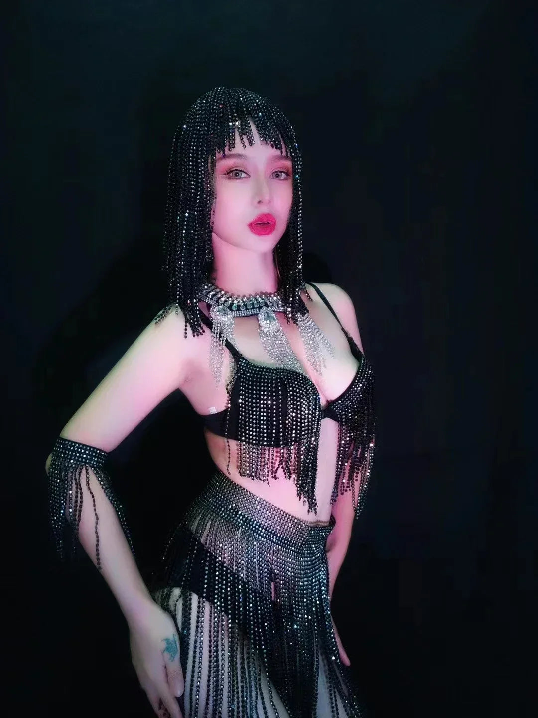 Luxury Crystal Tassel Bikini & Wig Performance Set – Premium Showgirl Stage Costume for GoGo Dancers, Nightclub DJs & Rave Outfits