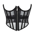 Transparent Sheer Mesh Underbust Corset Zipper Front Boned Waist Cincher Top