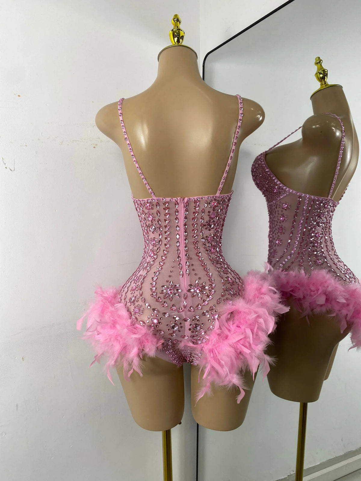 The Stardust Follies Feather Bodysuit – Luxury Rhinestone & Mesh Showgirl Costume