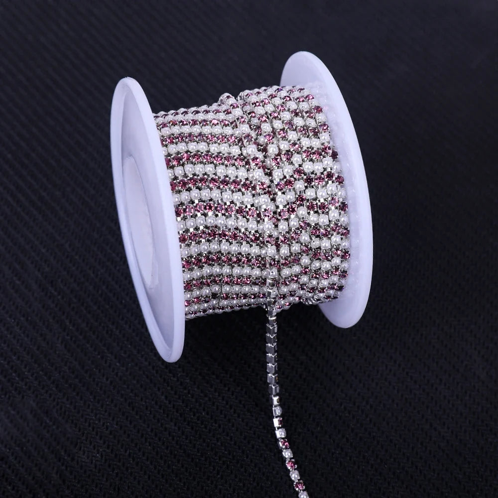 The Stardust Pearl Stream – Premium Silver Base Glass Rhinestone & ABS Pearl Cup Chain Trim