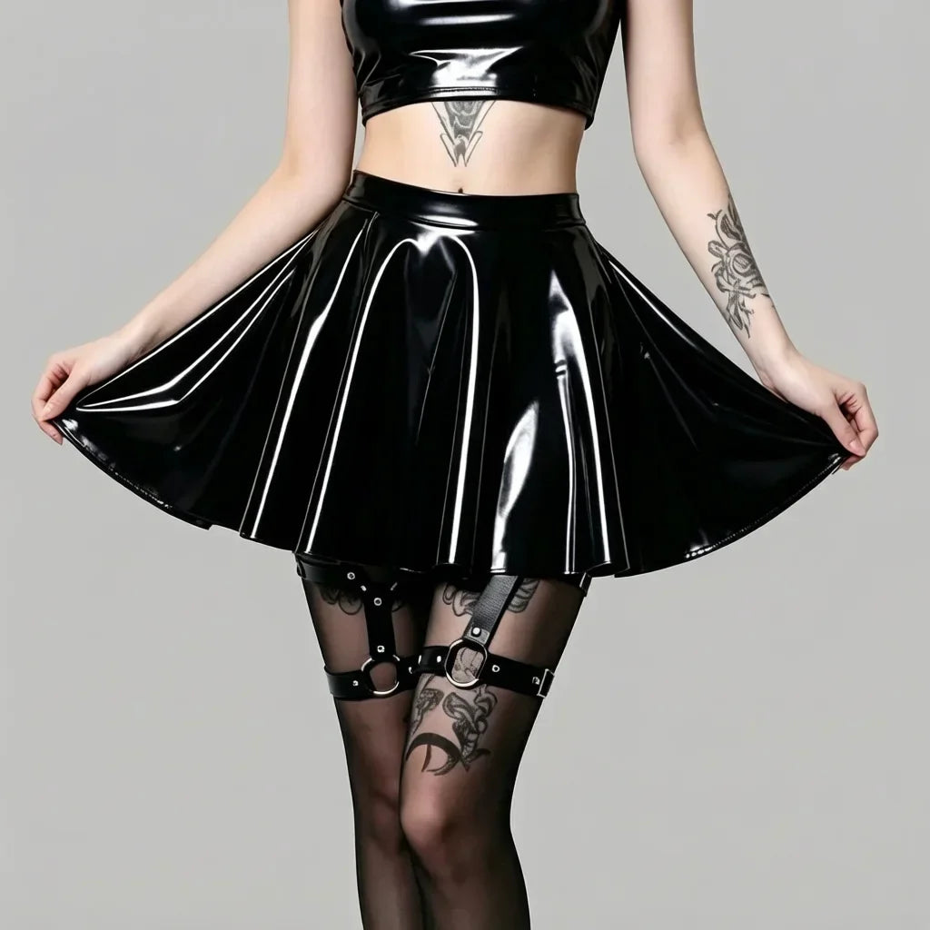 Gothic PU Leather PVC Shiny Flared Pleated Mini A-Line Skirt