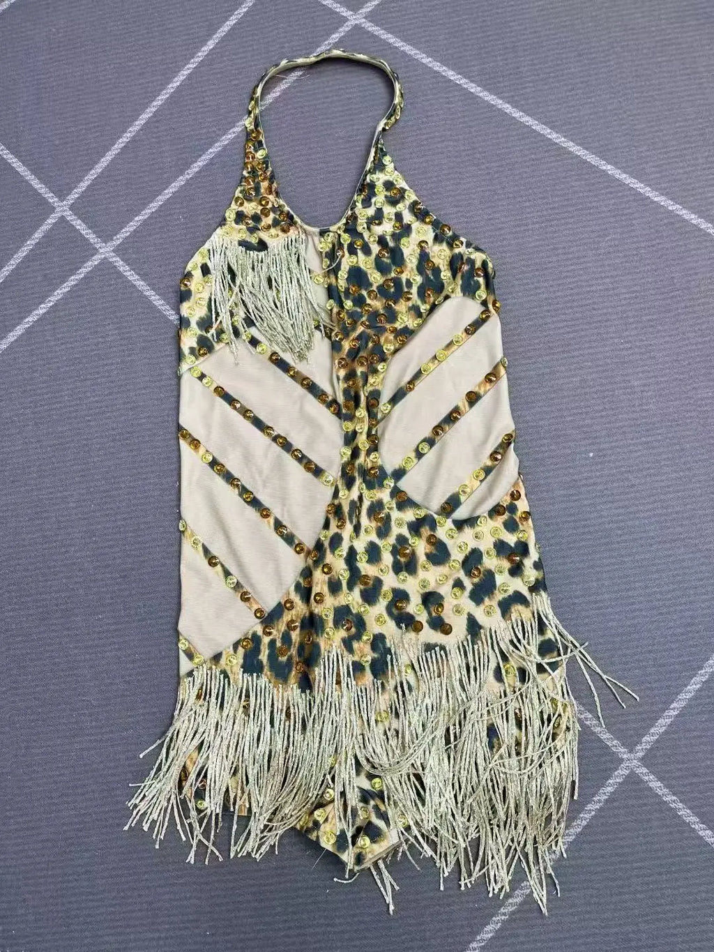 Sexy Backless Halter Leopard Fringe Bodysuit Women Bar Party Crystal Tassel Leotard Singer Concert Performance Dance Costume