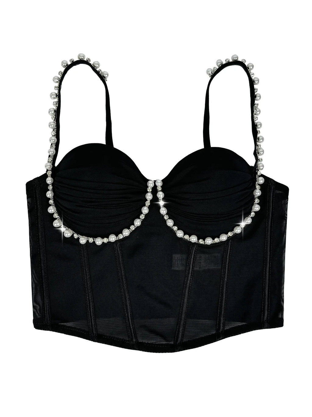 Pearl & Rhinestone Embroidered Bustier Corset Crop Top High Street Bralette