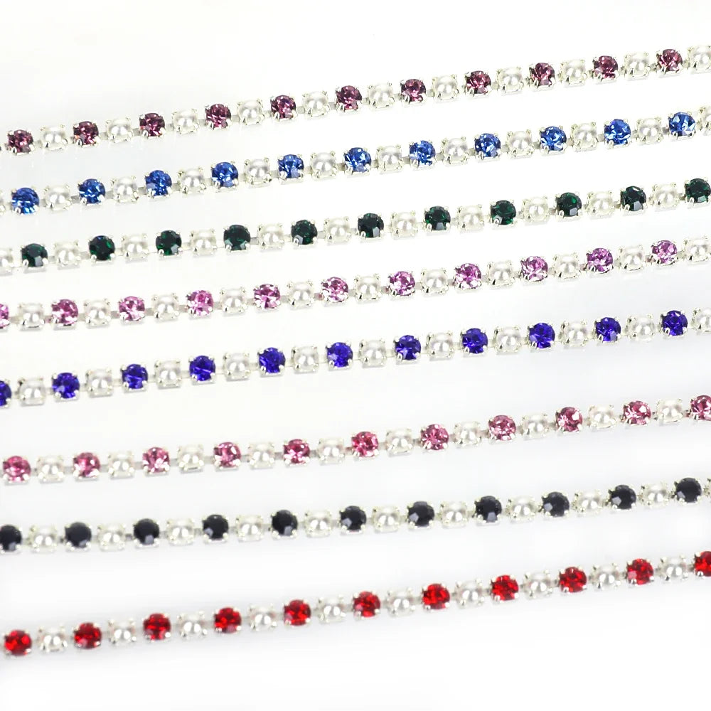 The Stardust Pearl Stream – Premium Silver Base Glass Rhinestone & ABS Pearl Cup Chain Trim