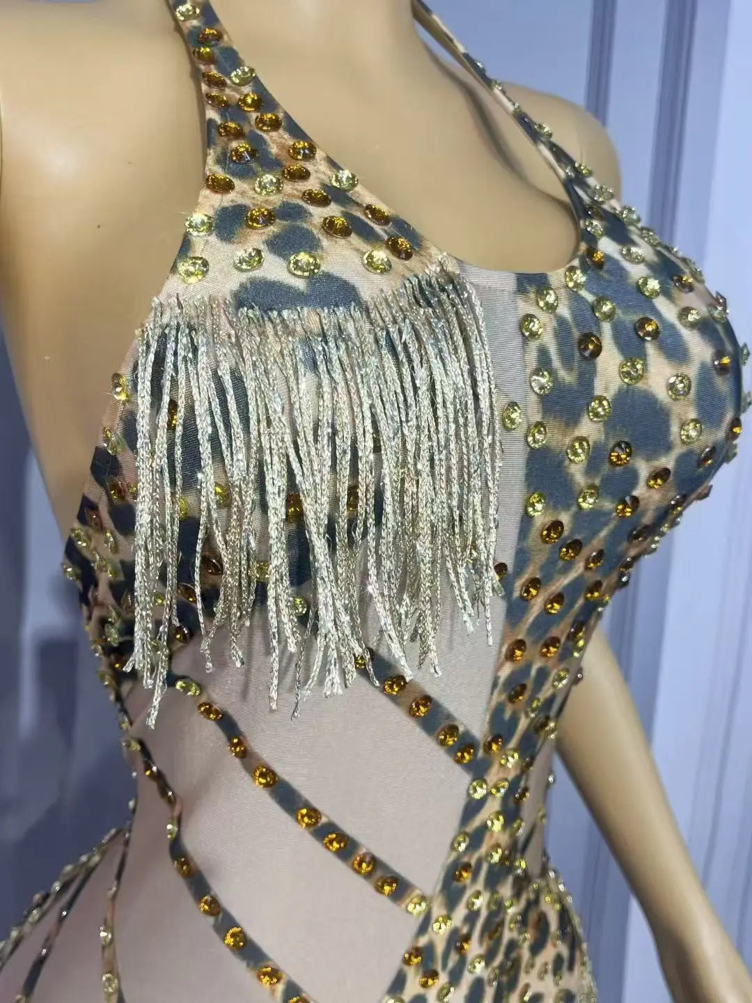 Sexy Backless Halter Leopard Fringe Bodysuit Women Bar Party Crystal Tassel Leotard Singer Concert Performance Dance Costume