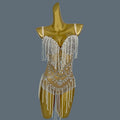 Nude Sheer Mesh Rhinestone Pearl Tassel Bodysuit Stage Performance Leotard