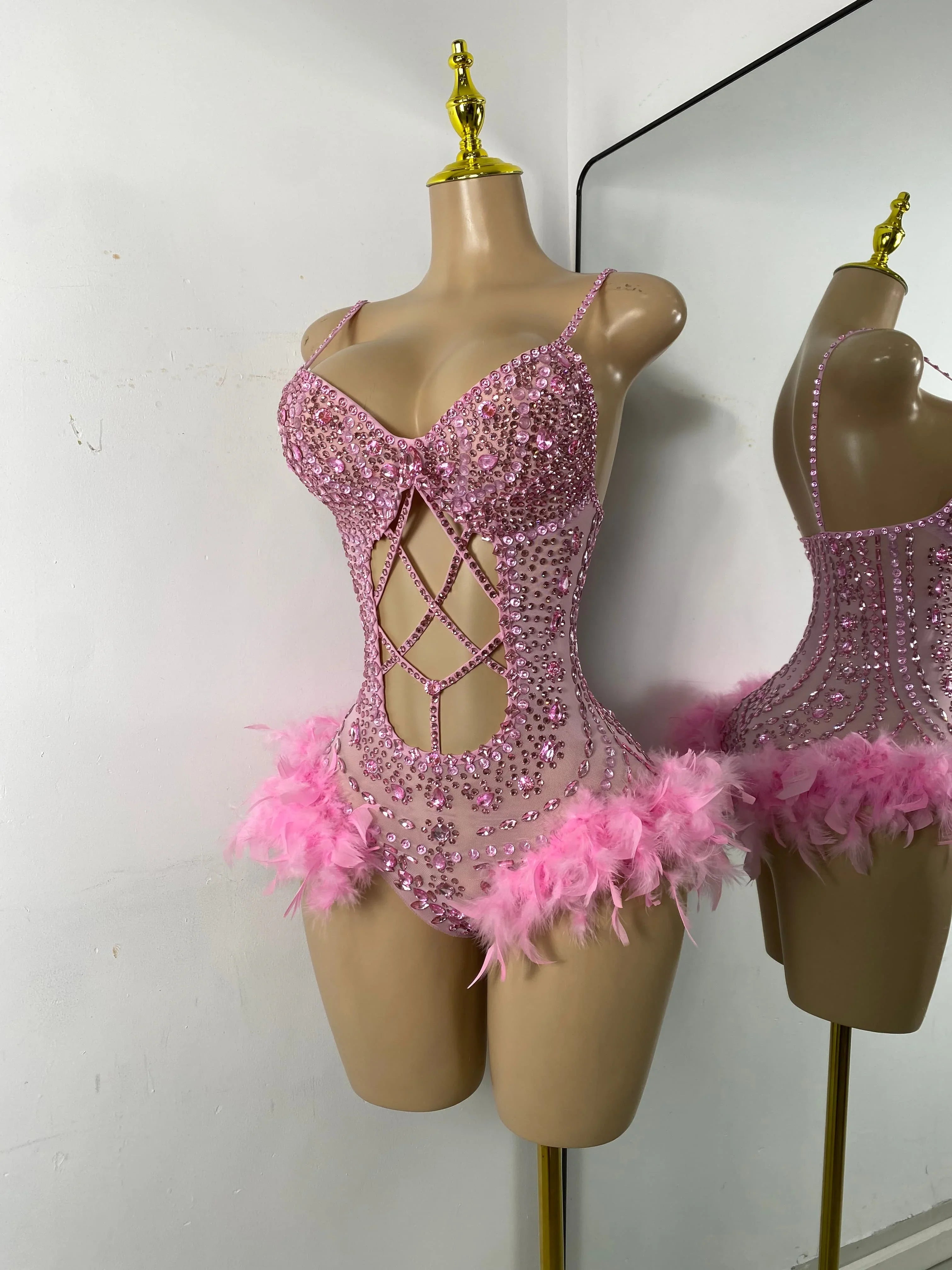 The Stardust Follies Feather Bodysuit – Luxury Rhinestone & Mesh Showgirl Costume